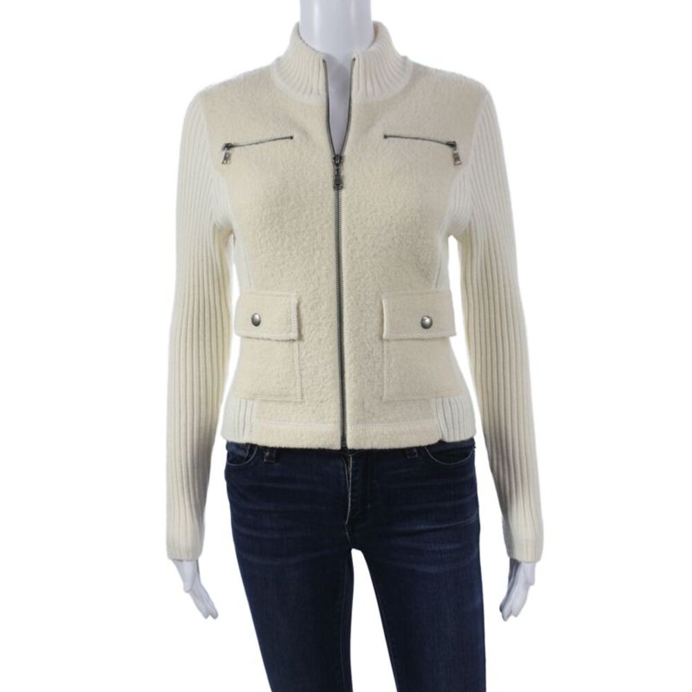 Frost Womens Full Zip Mock Neck Ivory Wool Sweater Long Sleeve Size M
